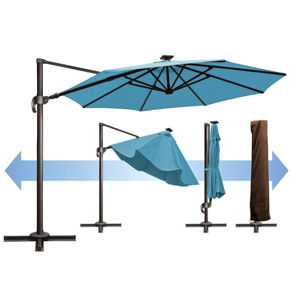 SUNNYOUTDOOR 11.5' Deluxe Cantilever Umbrella LED Lighted Umbrella Sunbrella Cover Patio Umbrella Garden Outdoor (Sky Blue)