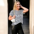 thumbnail image 2 of Glitter Sequin Tops Short Sleeve Sparkly Binding Shirt Blouse - X Large, Silver Grey, 2 of 6