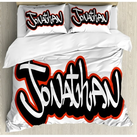 Teenage Bedding Set Jonathan Queen Size Duvet Cover Set, Teenage Boys Name Graffito Urban Arts Illustration Youthful Modern, Decorative 3 Piece Bedding Set with 2 Pillow Shams, Vermilion Black and White, by Ambesonne ()