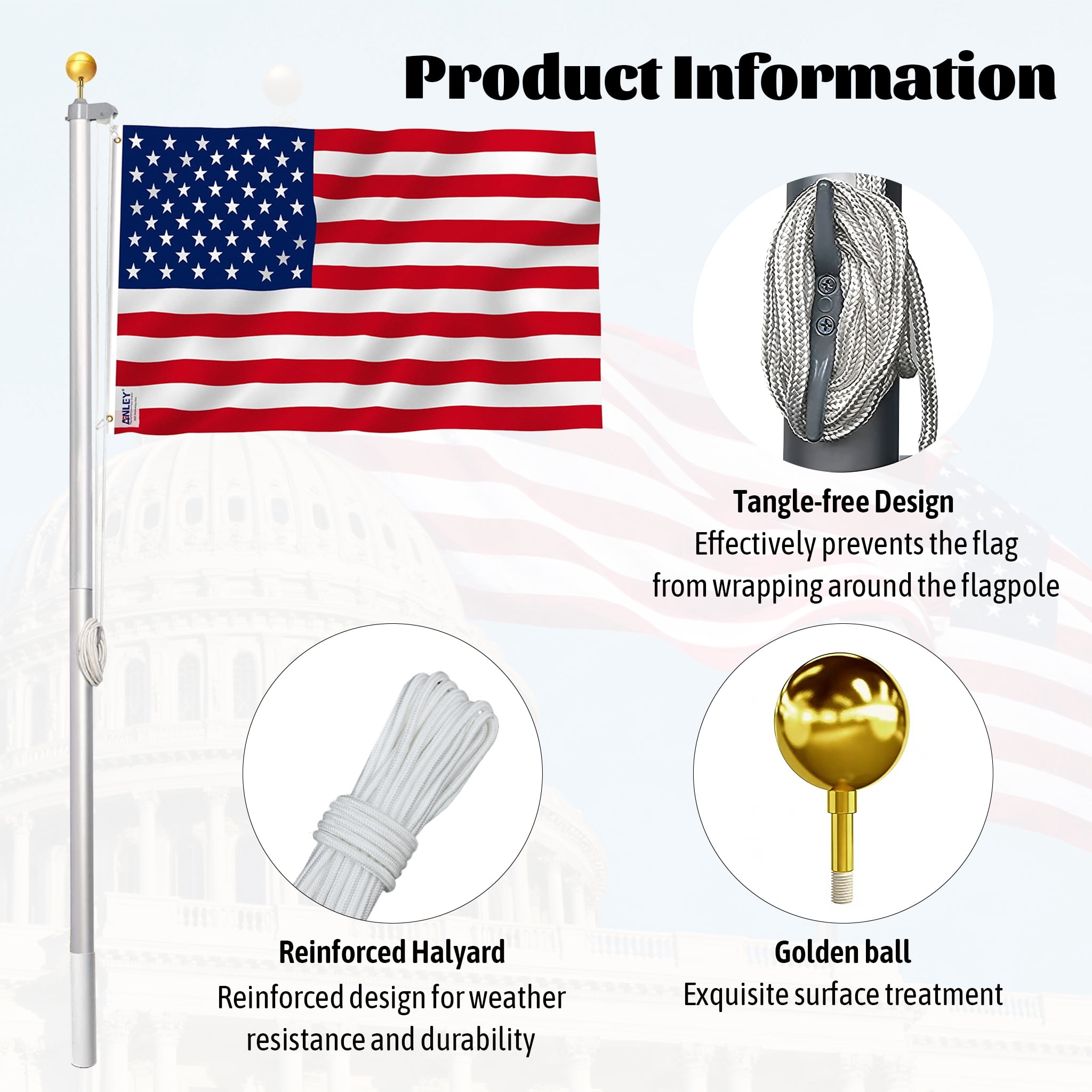 RocVanc 20 ft Aluminum Flag Pole Sectional Flagpole Kit Heavy Duty 3'x5' US Flag, Silver