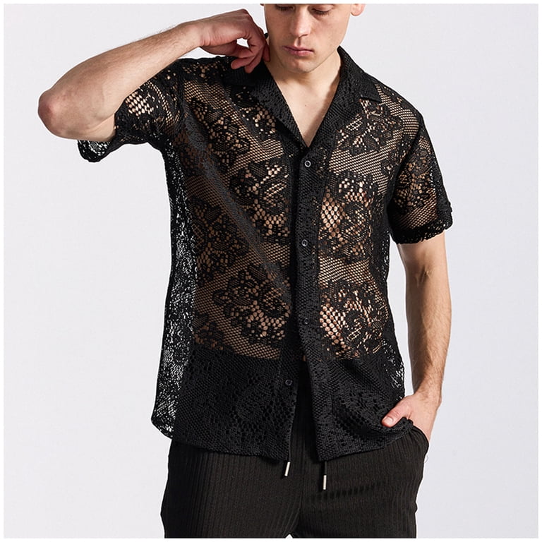 men's lace dress shirt Yfnnup Mens Dressy Shirt Lace Long Sleeve Sheer See Through Tops Casual Button Down Shirts Streetwear Partywear, Men's, Size: XL, Black