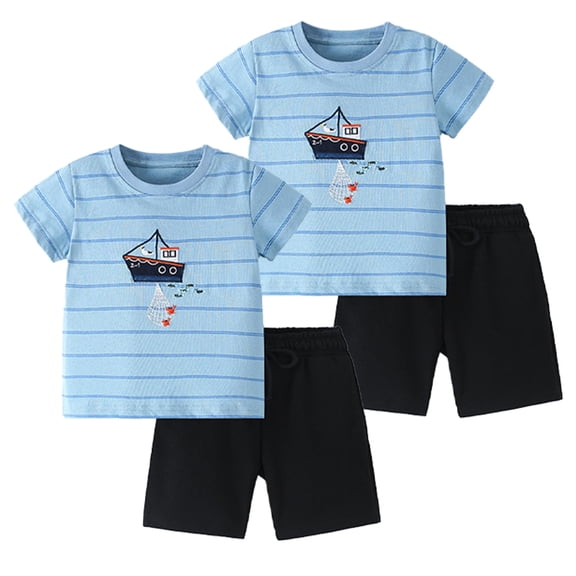 LYMAYTER 1-8 Years Boys Summer T-Shirts Outfits Kids Baby Cotton Cartoon Stripe Tees Set for Toddler Short Sleeve Pullover Shirt 2psc