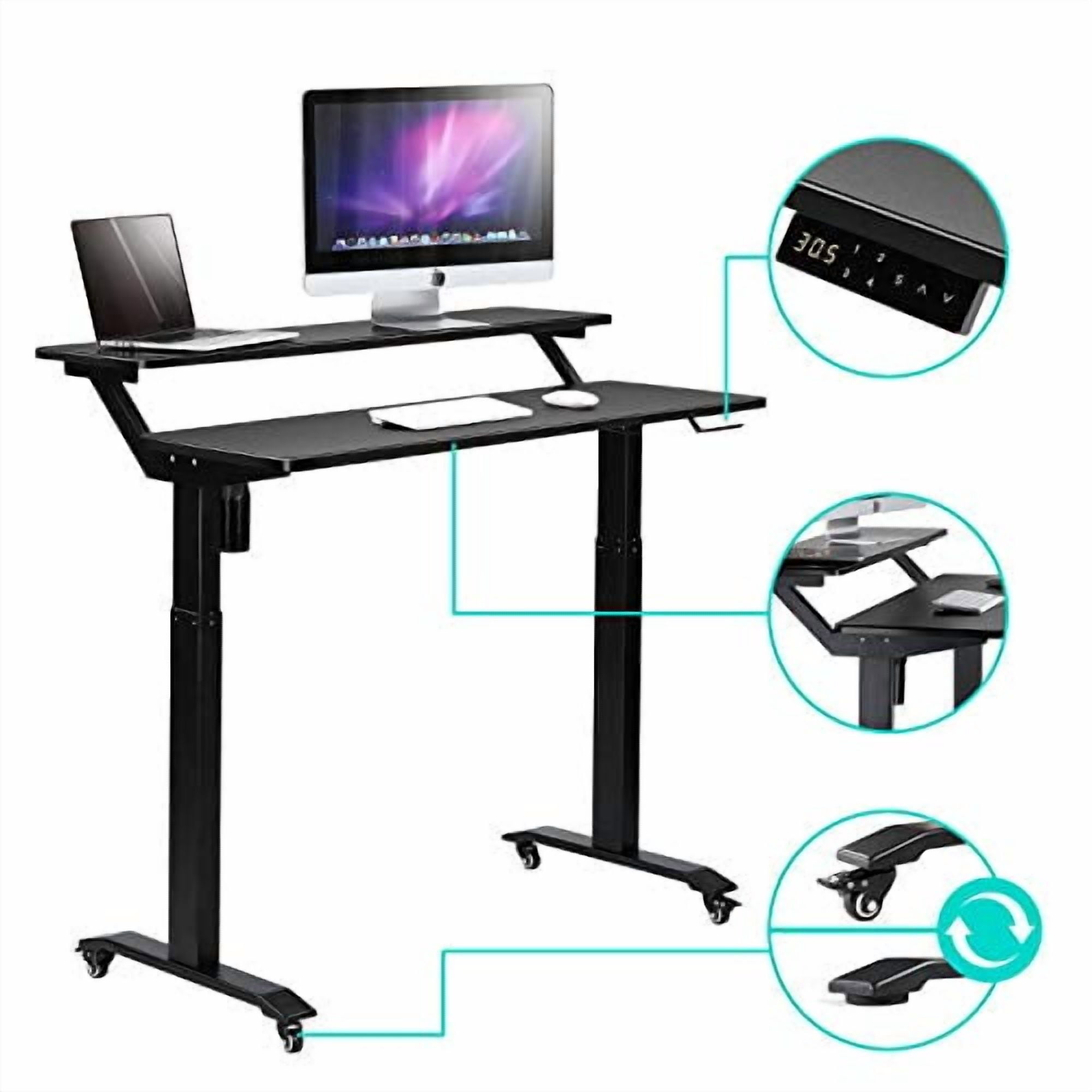 UNICOO® 2 Tier Electric Height Adjustable Standing Desk with Wheels, Electric Mobile Standing Workstation, Sit Stand Desk Home Office Desk Whole-Piece Desk Board 48 * 24 in (KT1002-BB) 2Tier