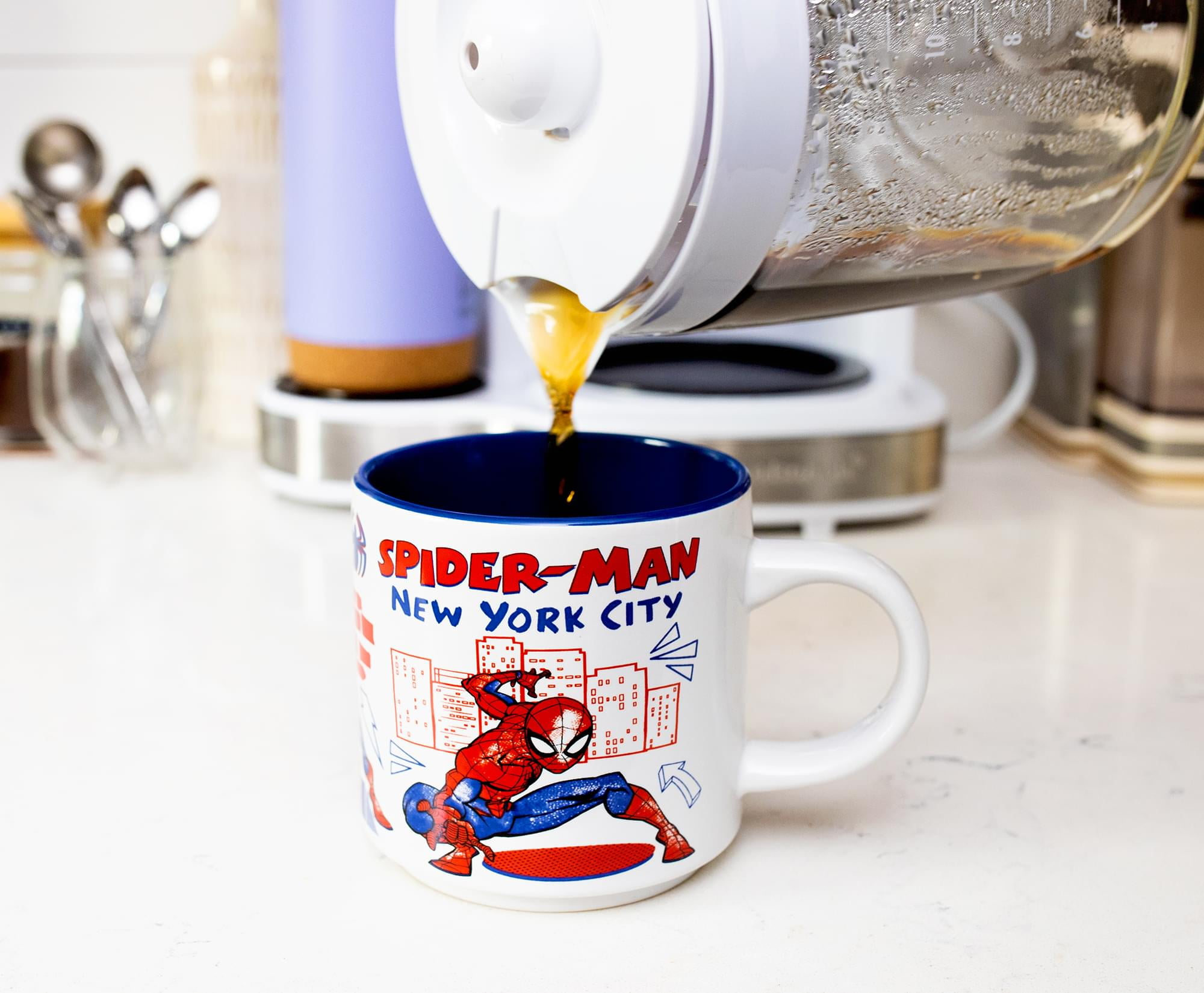 Spider-Man 865725 13 oz Spider-Man York Doodles Stackable Ceramic Mug,  White & Blue 