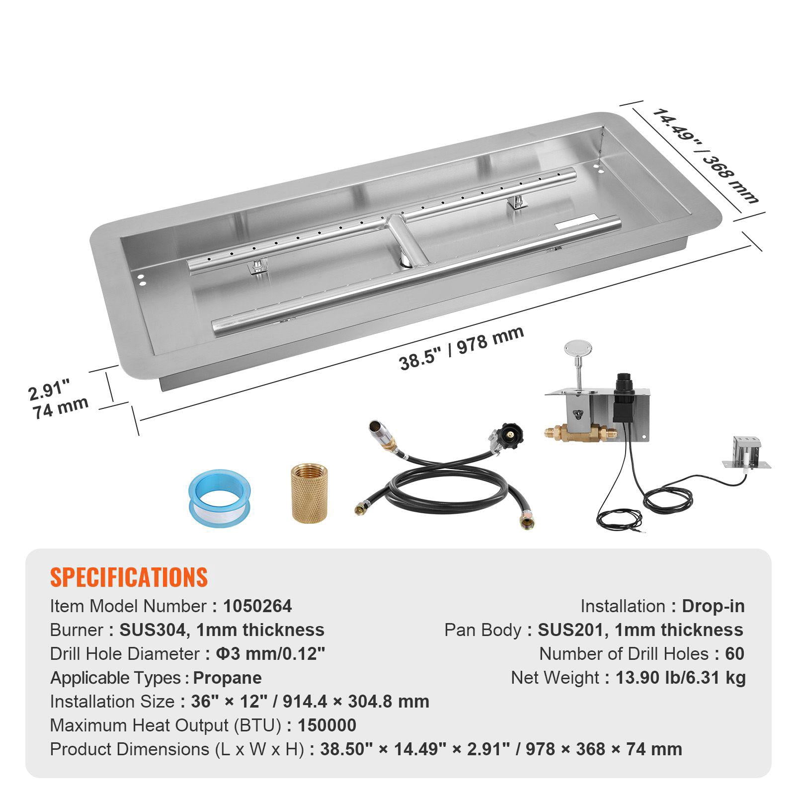 36x12 Inch Stainless Steel Drop in Fire Pit Pan Rectangular H Burner Kit 150000 BTU Natural Propane Gas for Indoor Outdoor Use