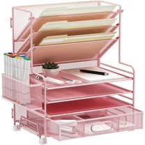 4-Tier Paper Organizer   3-Pocket File Holder   Drawer   Pen Holders, Desktop File Organizers Paper Tray for Office Supplies School Classroom Organization (Pink, with Drawer & Pen Holder)
