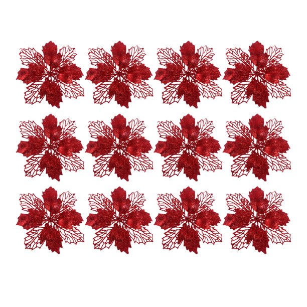 12 flores artificiales huecas de Pascua con purpurina para colgar en el árbol de Navidad (rojas)