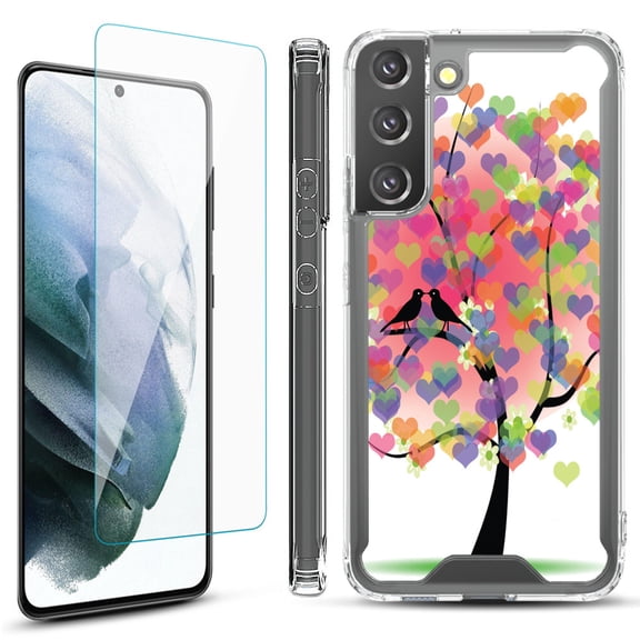 Shockproof Bumper Phone Case for Samsung Galaxy S22  / S22 Plus 5G, with Tempered Glass Screen Protector, by OneToughShield ® - Color Hearts Tree