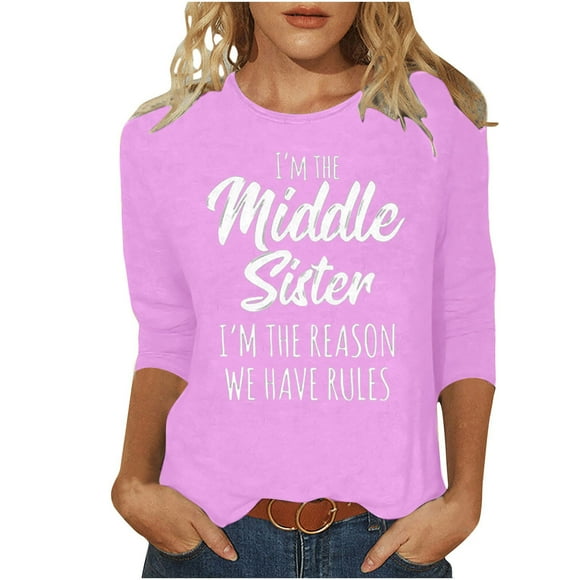 Baikeli Womens Shirts Casual Clearance Women's Summer Tops 3/4 Length Sleeve T-Shirts Casual Crew Neck Shirts Letter Printed Blouses Loose Pullover Women Tops And Blouses