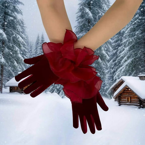 SYMOID Womens Wine Velvet Gloves with Chiffon Ruffles - Free Size Finger-Separated, Vintage Elegant for Christmas Holiday Evening Events,Size Free Size