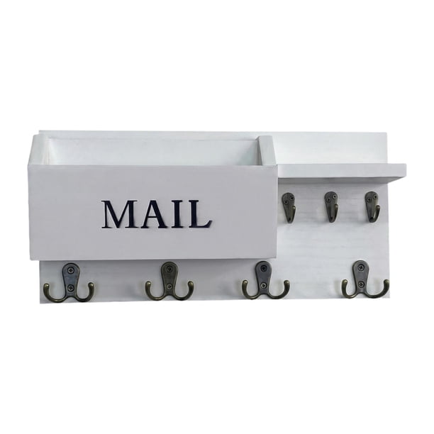 Soporte para llaves, estante de almacenamiento de pared, organizador de correo con gancho para la entrada. Blanco