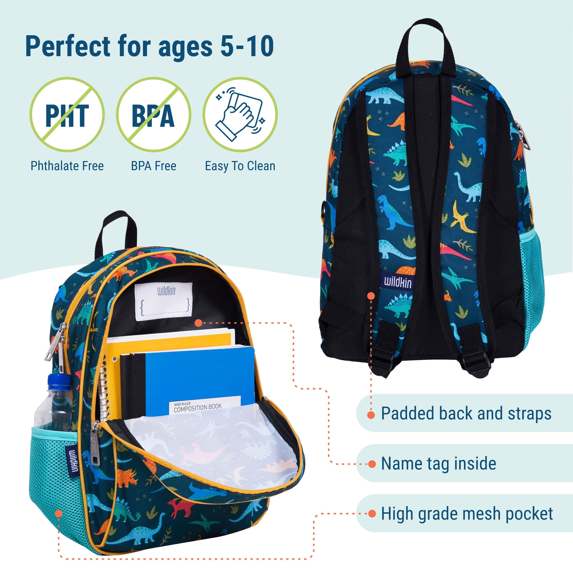 Wildkin Kids 15 Inch School and Travel Backpack for Boys and Girls (Jurassic Dinosaurs Green)
