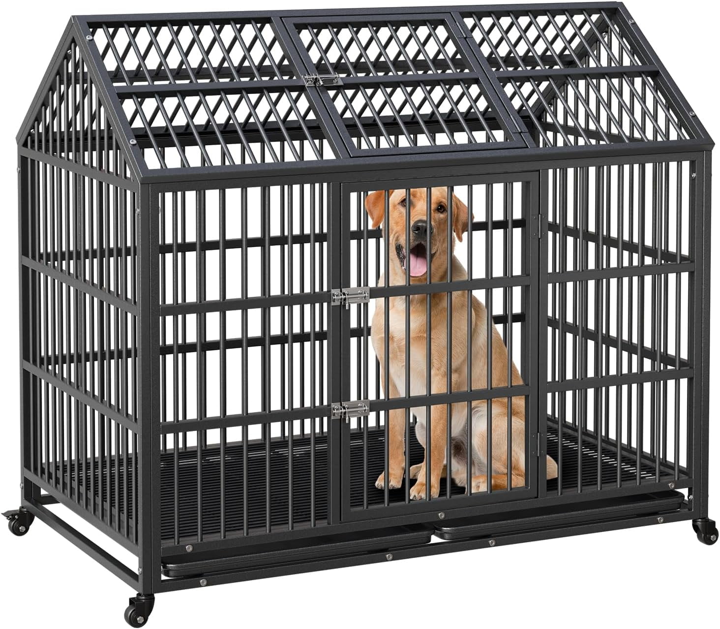 Acekid Heavy Duty Dog Crate - 52-Inch Escape-Proof Metal Kennel, Indoor/Outdoor Furniture Style Pointed Top Sliding Rail Cage for Large/Medium Dogs