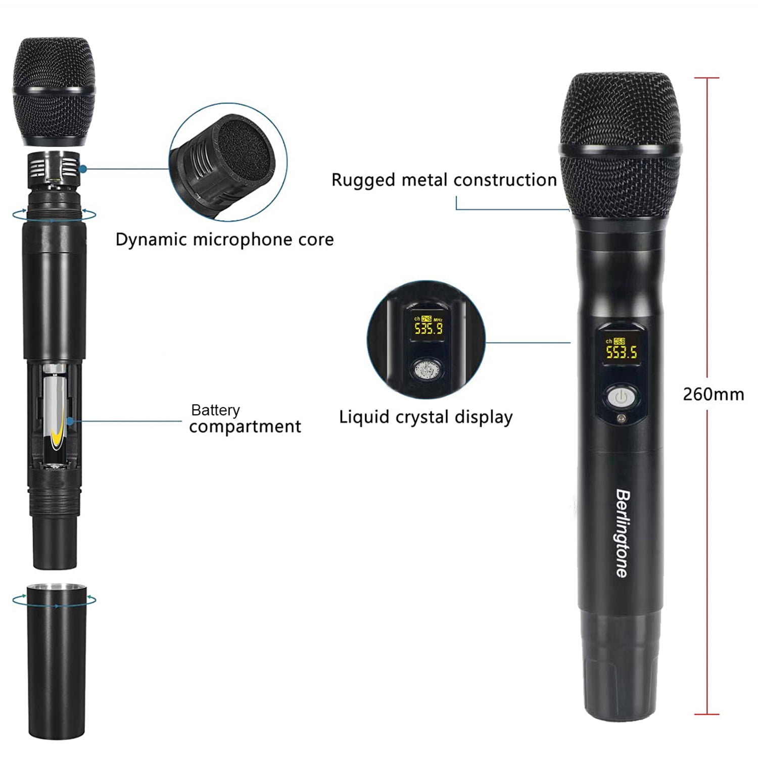 Berlingtone BR-400UM Professional 4-Channel UHF Wireless Handheld Dynamic Microphone Systems, Fixed Frequency Channel Metal Mic and receiver, Singing, Wedding, Church, DJ, karaoke, up to 260ft Range