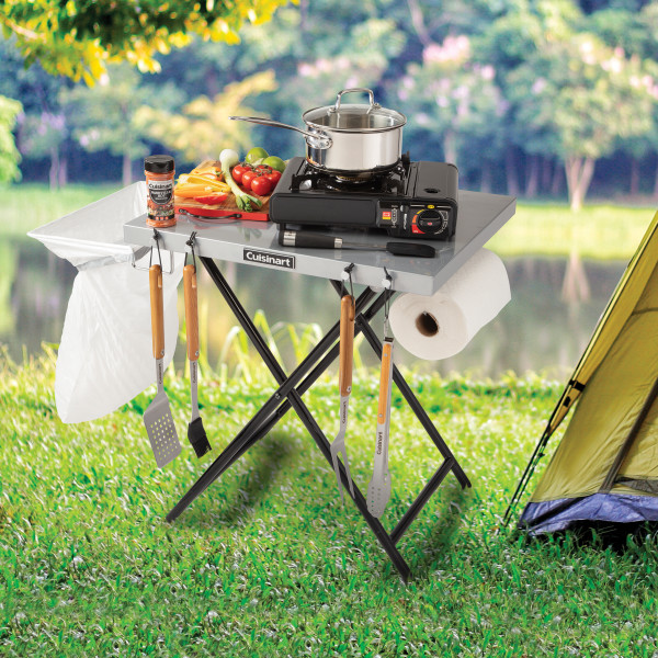 Cuisinart Fold n Go Prep Table, Portable Folding Table and Grill Stand with Tool hooks, Trash Bag Holder, Paper Towel Rack, 24 x 20 Steel Food Prep Station Perfect for BBQs, Tailgates and Camping