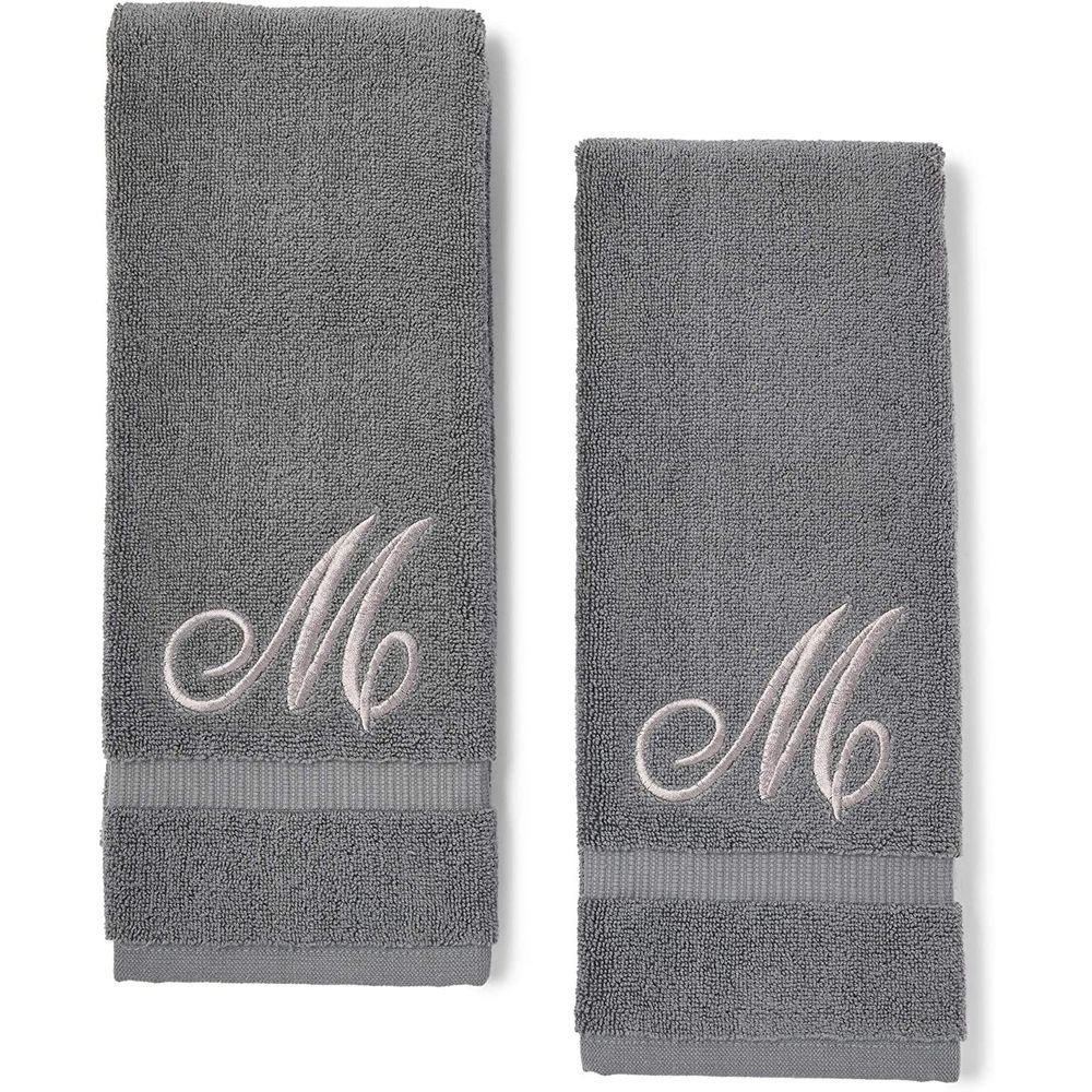 2 Pack Monogrammed Hand Towels for Bathroom, Embroidered Letter M, Gray