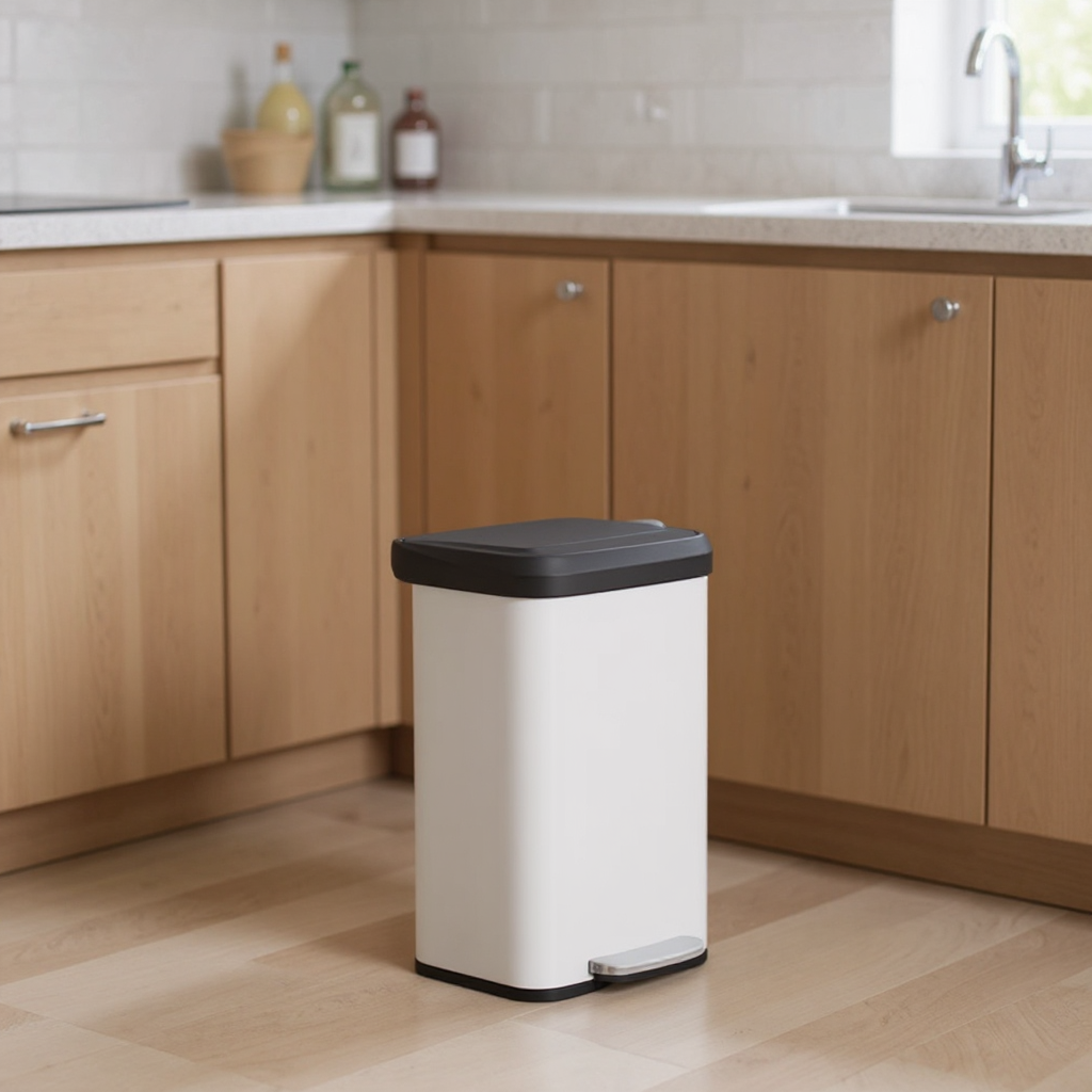LEDREM 13 Gallon Stainless Steel Kitchen Trash Can , Stay-Open Lid with Step Pedal & Odor Filter , Large Capacity Bin ,White and Black