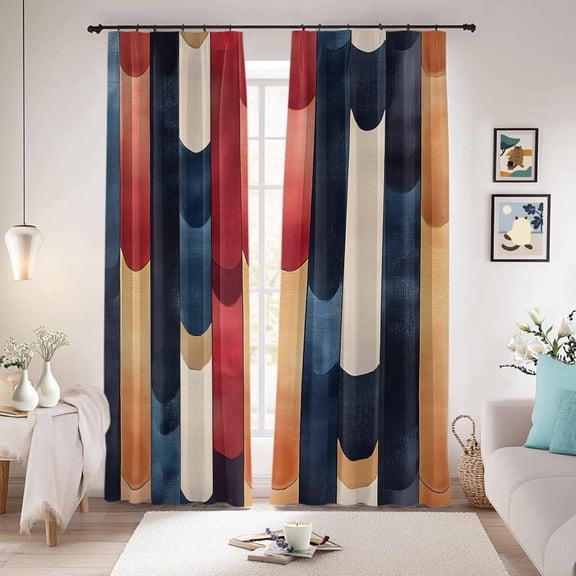 Red Blue Brown Blackout Curtains for Bedroom/Living Room, Pinch Pleated Black Out Curtains, Vintage Modernism Color Block Room Darkening Window Drapes with Hooks 2 Panels, 39"x70"