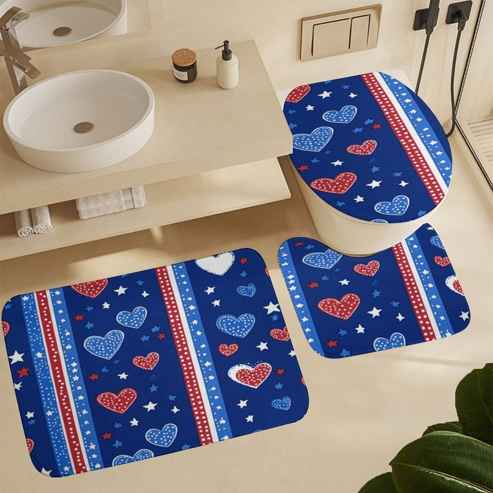 Shower Curtain Sets with Rugs 4 Piece USA Hearts & Stars Bathroom Sets with Curtain Rug Toilet Cover And U Shaped Mat Memorial Day Decorations Farmhouse Bathroom Shower Set for Bathroom Decor