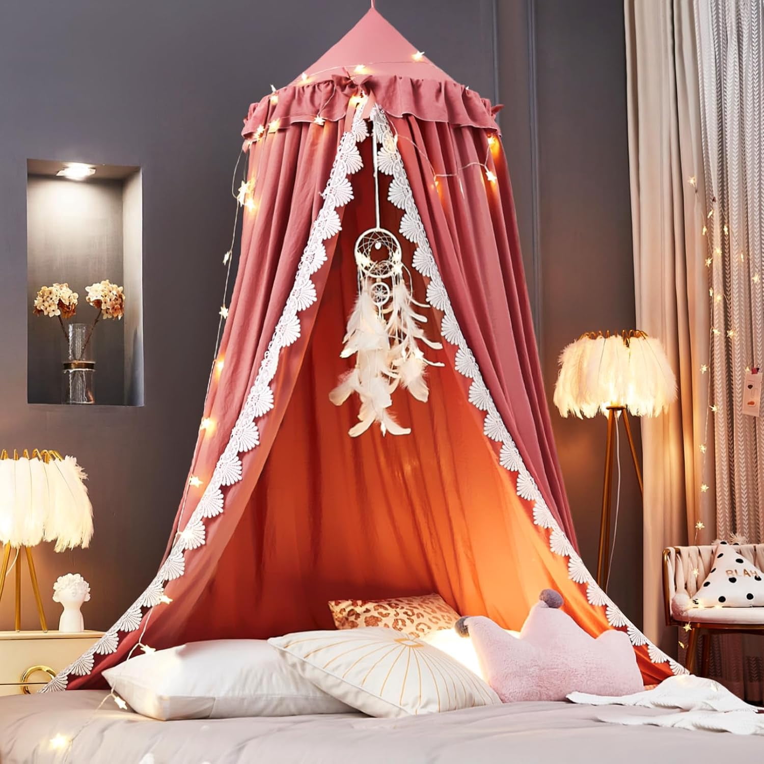 Bed Canopy for Girls, Ruffled Soft Pink Princess Canopy Dreamy Bow Decor, Bed Canopies for Kids Room, Hanging Canopy Bedding Drapes Toddler Reading Nook Play Tent (Red Bean)
