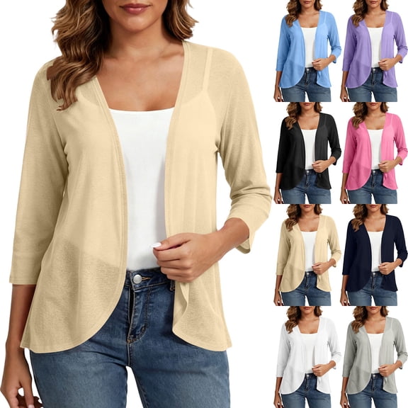 Women's Casual 3/4 Sleeve Lightweight Cardigan Open Front Summer Cardigans Trendy Shrug Coverups White XL(XL)