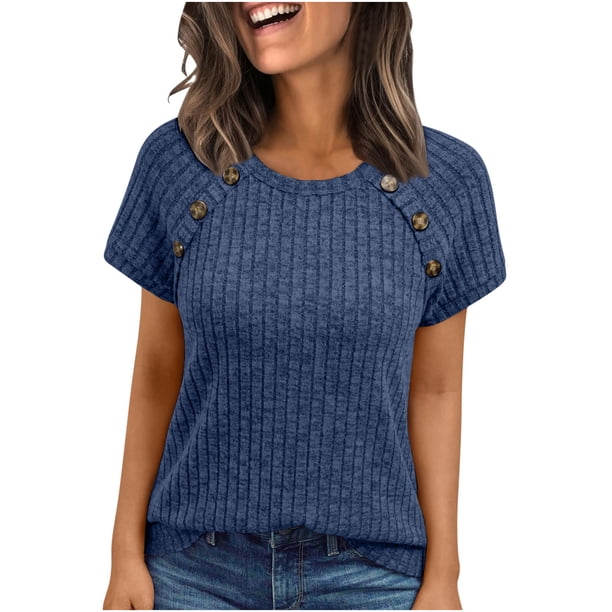 Tops de Mujer, Manga Corta Sólida Cuello Redondo Botón Arriba Blusa Casual de Negocios