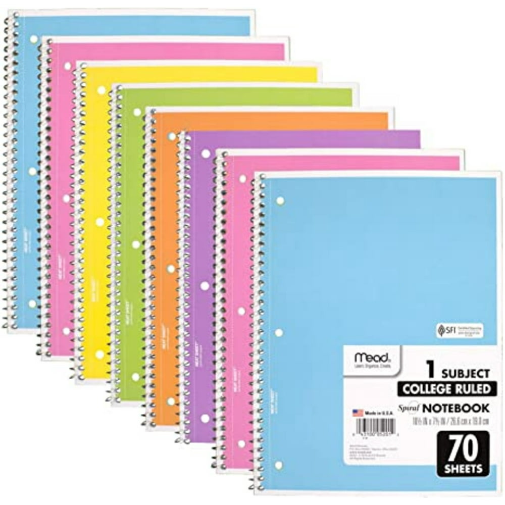 Mead Spiral Notebook, 8 Pack of 1Subject College Ruled Spiral Bound