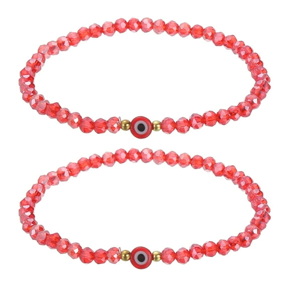 6mm Turkish Evil Eye Bracelets, 2 Pcs Good Luck Protection Crystal Bead Stretch Bracelets Charm for Women Men Stackable Blessing Jewelry (Red)