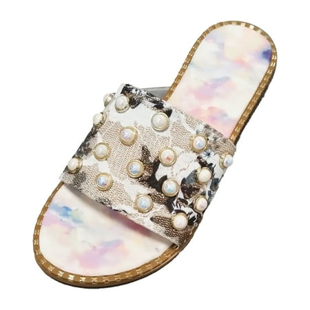 OJSFQUFP Women Shoes Casual Women Fashion Slip On Casual Open Toe Pearl Decoration Flat Soft Bottom Breathable Shoes Sandals Slippers Slipper Shoes for Women Black 38