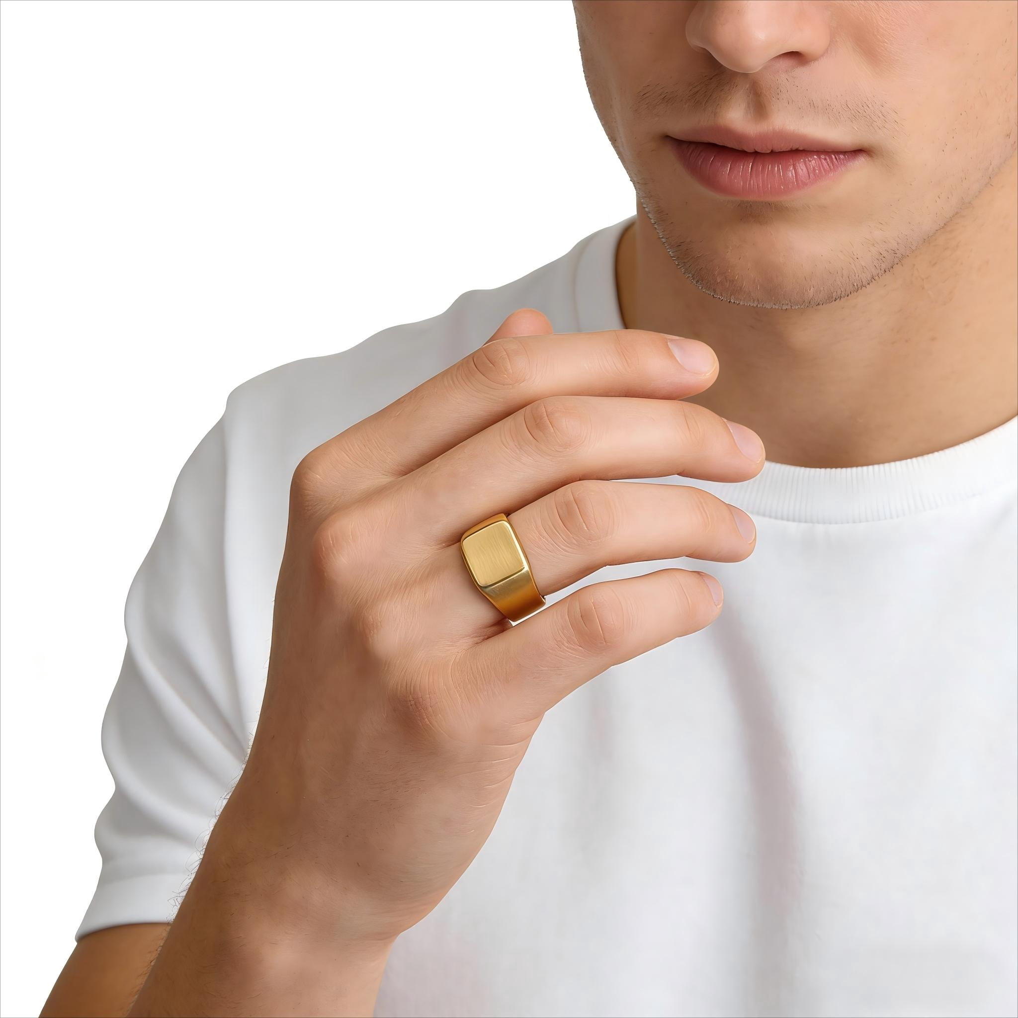 Iron Saints Men 18K Gold Plated Signet Ring, Stainless Steel, Men Jewelry Gift for Men