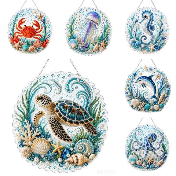 Handmade 5D Diamond Painting Acrylic Pendant Ocean Series DIY Rhinestone Pearl Hanging Ornament for Wall Window Decor Coastal Art Kit for Adults, 8 Inch