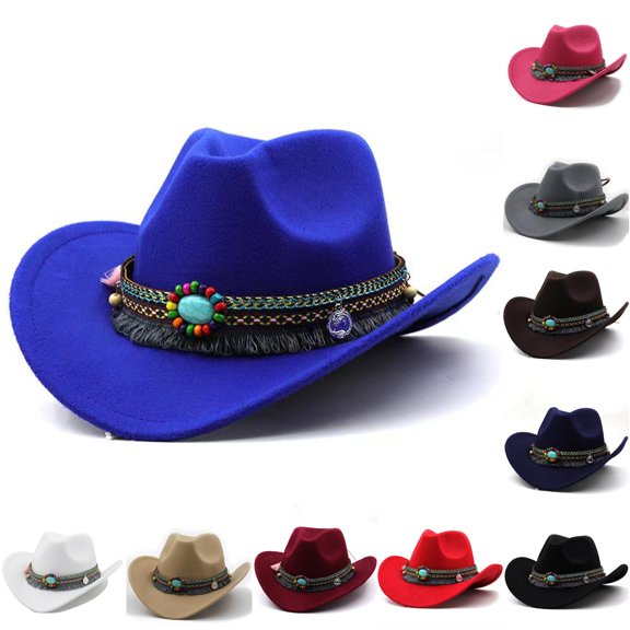 WEIGFI Child Boys Girls Cowboy Hat Sun Cap Wide Brim Tassels Solid Color Stage Performance Dress Up Outdoor Summer Daily Wear Cute Beach Caps,Blue,4-12 Years