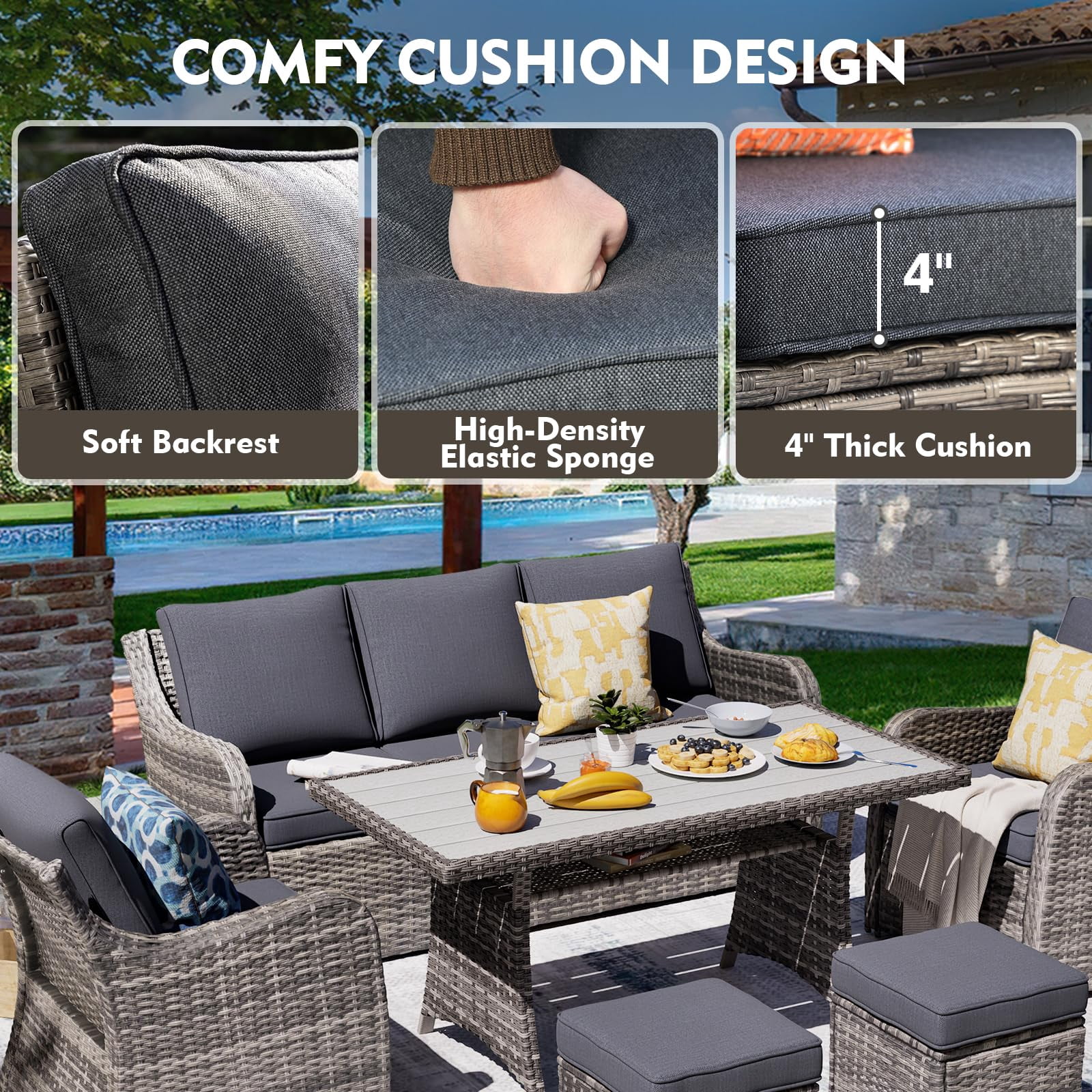 MEISSALIVVE 8 Pieces Patio Furniture Set with Dining Table, Outdoor Wicker Conversation Set with 3-Seat & 2-Seat Sofas, Wicker Armrest Swivel Chairs, 2 Ottomans, Gray
