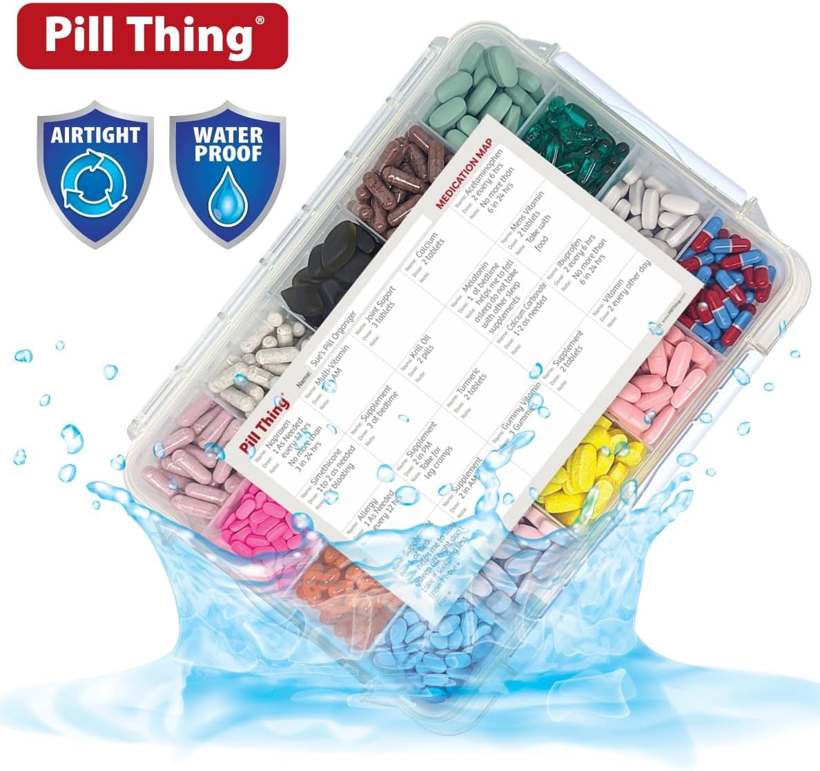 Portable Durable Airtight Waterproof 20 Compartment Large Pill Case with Silicone Gasket and Medication Map, 1 Pack