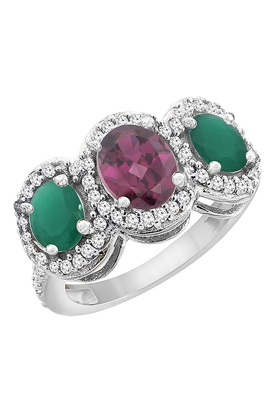 14K White Gold Natural Rhodolite & Emerald 3-Stone Ring Oval Diamond Accent, size 8.5
