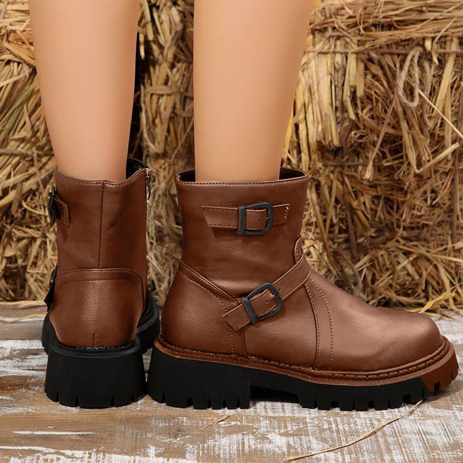 Women's Mid Calf Motorcycle Boots - Round Toe, Chunky Heel, Buckle Strap Biker Boots For Riding & Casual Wear