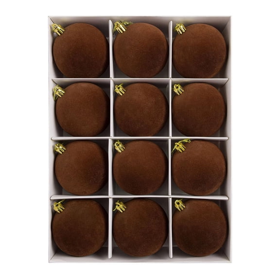 12 Pcs Brown Velvet Flocked Christmas Balls, 2.4 Inch Christmas Tree Ornaments, Soft Hanging Xmas Ball Decorations for Tree, Home, Party and Holiday Decor