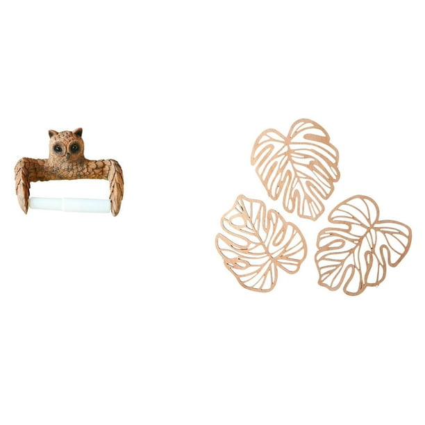 Soporte de papel higiénico,Escultura de pared de búho con porta rollo de papel higiénico,Placa de pared con hojas de palma,Decoración de pared de madera con hojas de palma,Adorno de madera