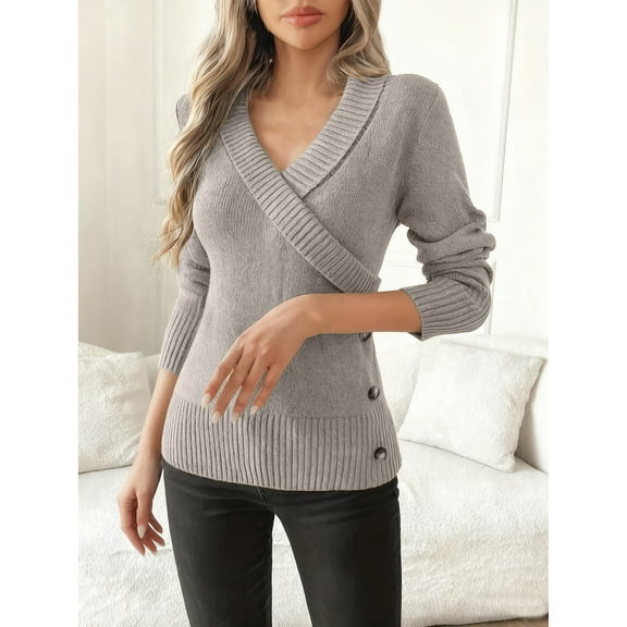 YueHuiYing Womens Long Sleeve Tunic Top V Neck Button Shirts Dressy Casual Business Elegant Knit Top