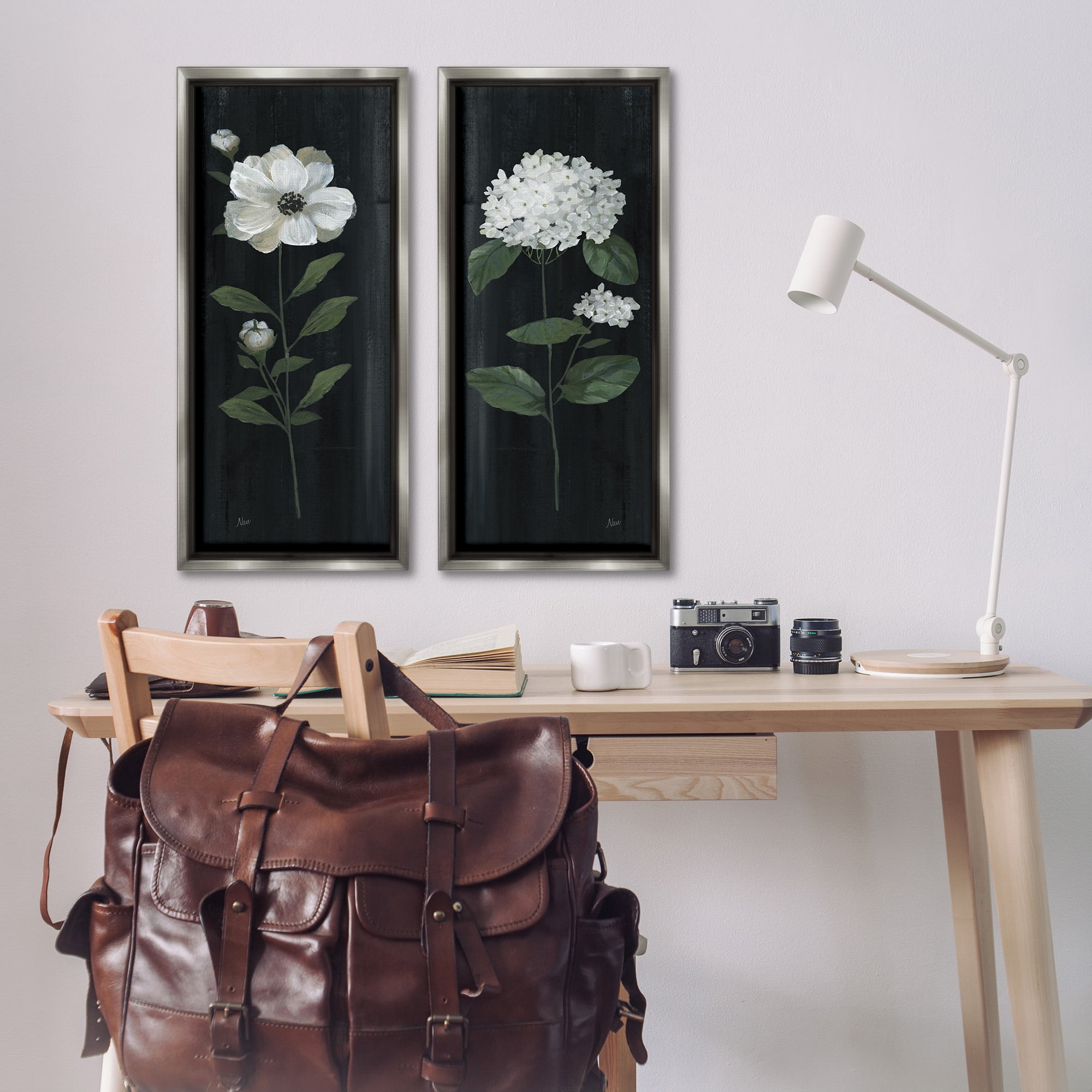 Stupell Industries Delicate White Flower Sprigs Botanical & Floral Painting Gray Floater Framed Canvas Art Print Wall Art, 15 x 31, Set of 2