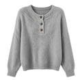 thumbnail image 5 of Only Moment Gray Lightweight Crochet Pullover Tops Crew Neck Deco Buttons Soft Fuzzy Sweater, Warm Chunky Long Sleeve Pullover,Winter Clothing,Casual Loose Fit, Work Travel All-Day Wear L, 5 of 5