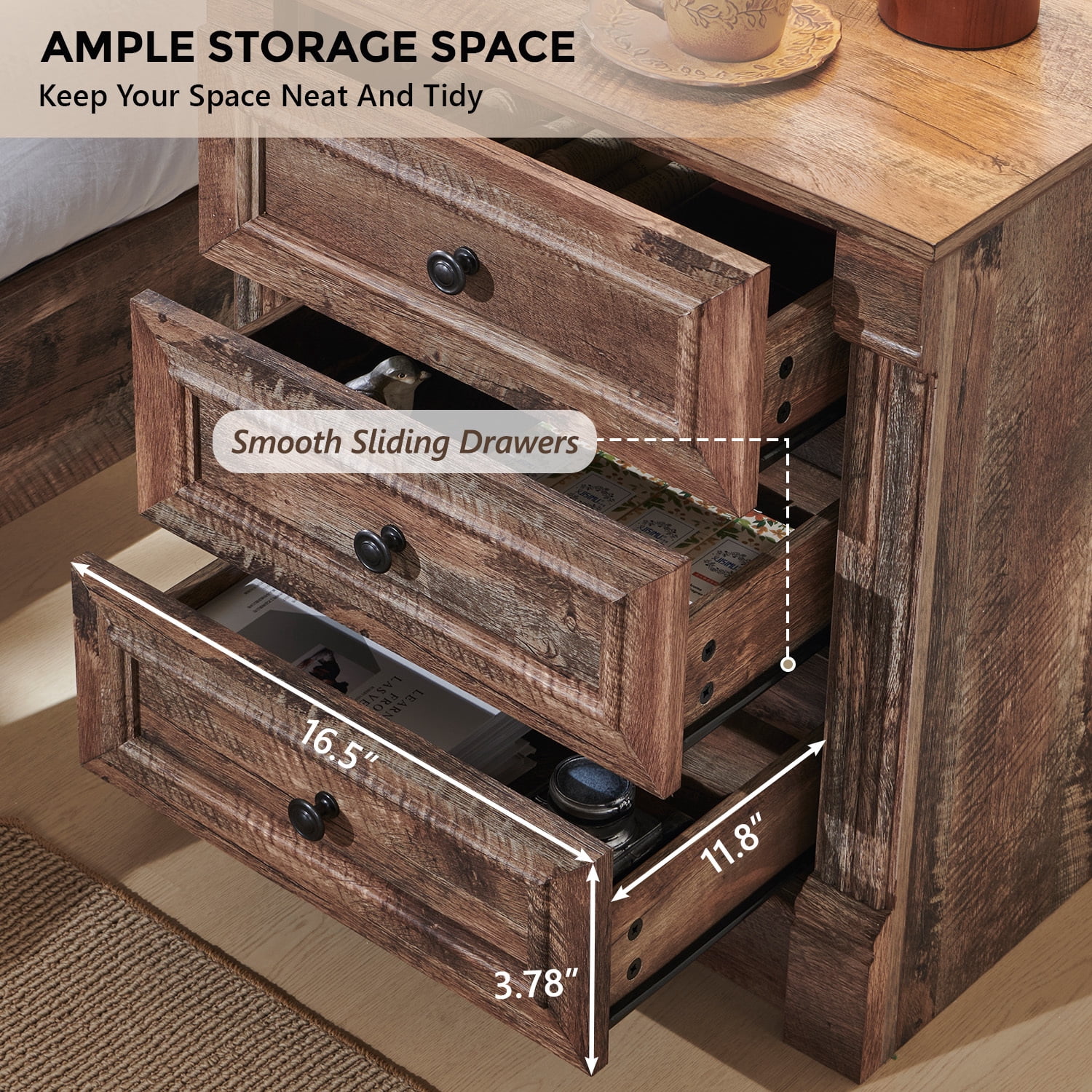 wow97e Farmhouse 3-Drawer Nightstand with Charging Station, Wood End Table with Roman Column for Bedroom, Light Brown