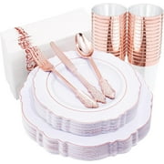 25Guest Rose Gold Plates - Rose Gold Plastic Plates include 50 Rose Gold Plastic Plates, 75 Rose Gold Plastic Silverware, 25 Rose Gold Cups and 25 Rose Gold Napkins Party&Mother's Day Plates