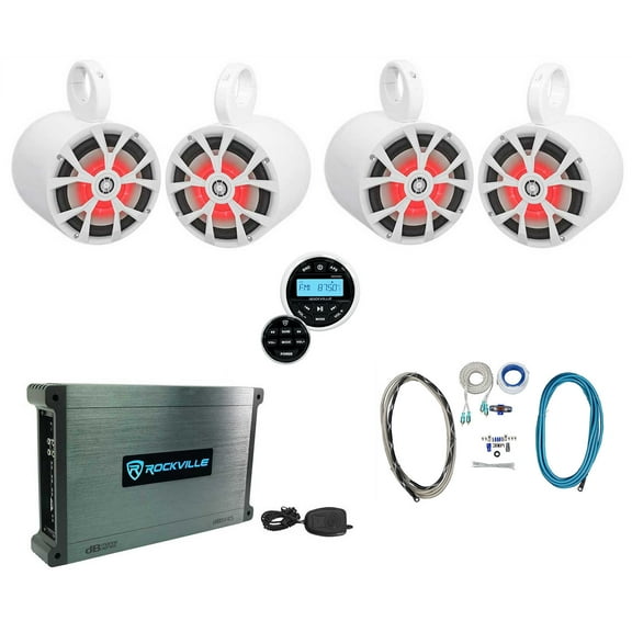 (4) Rockville RKL80MW 8" Marine Boat Wakeboard Tower LED Speakers Amp Receiver