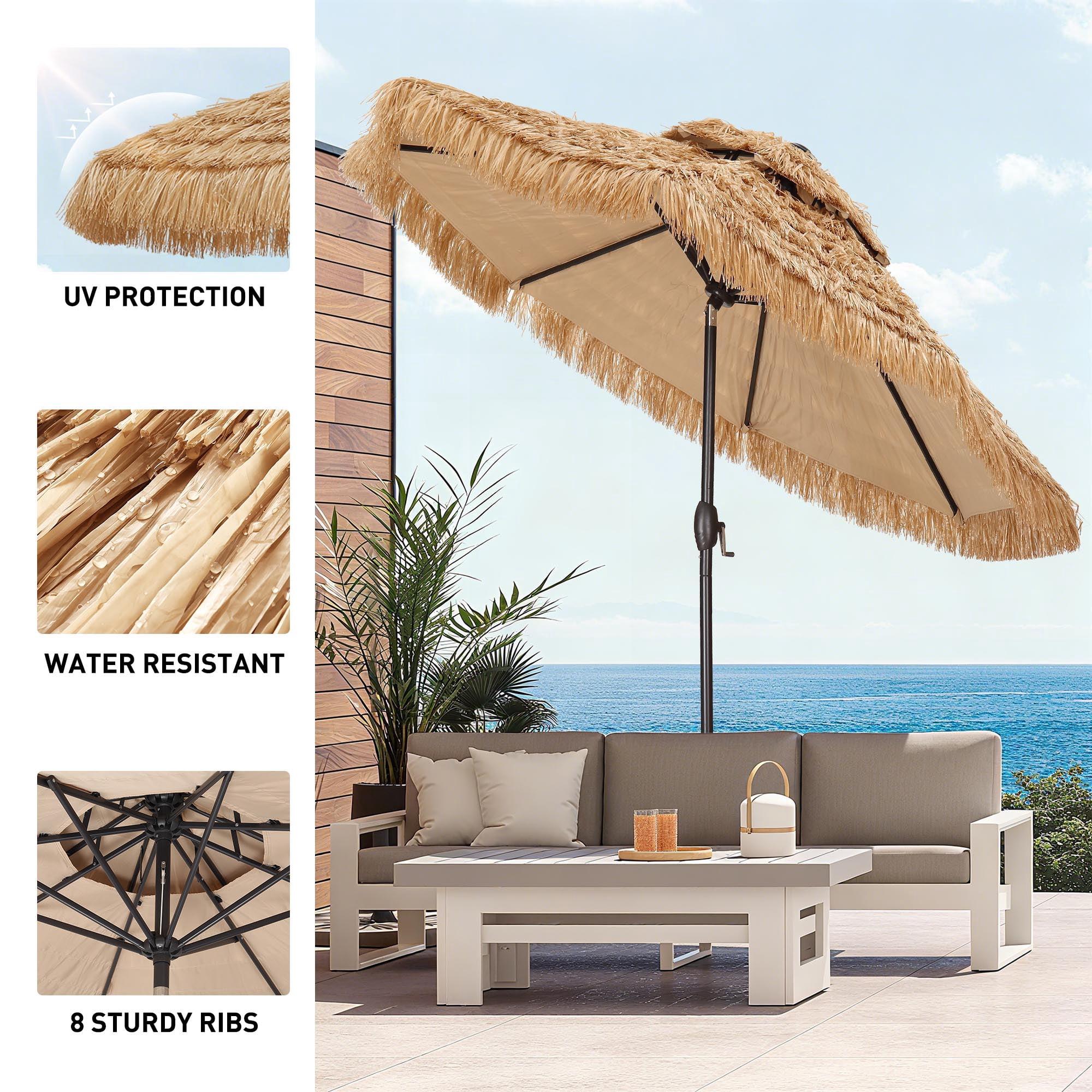 Autlaycil 9 ft 2-Tier Patio Tiki Umbrella, Hawaiian Thatched Umbrella with Push Button Tilt, Pool, Patio, Beach