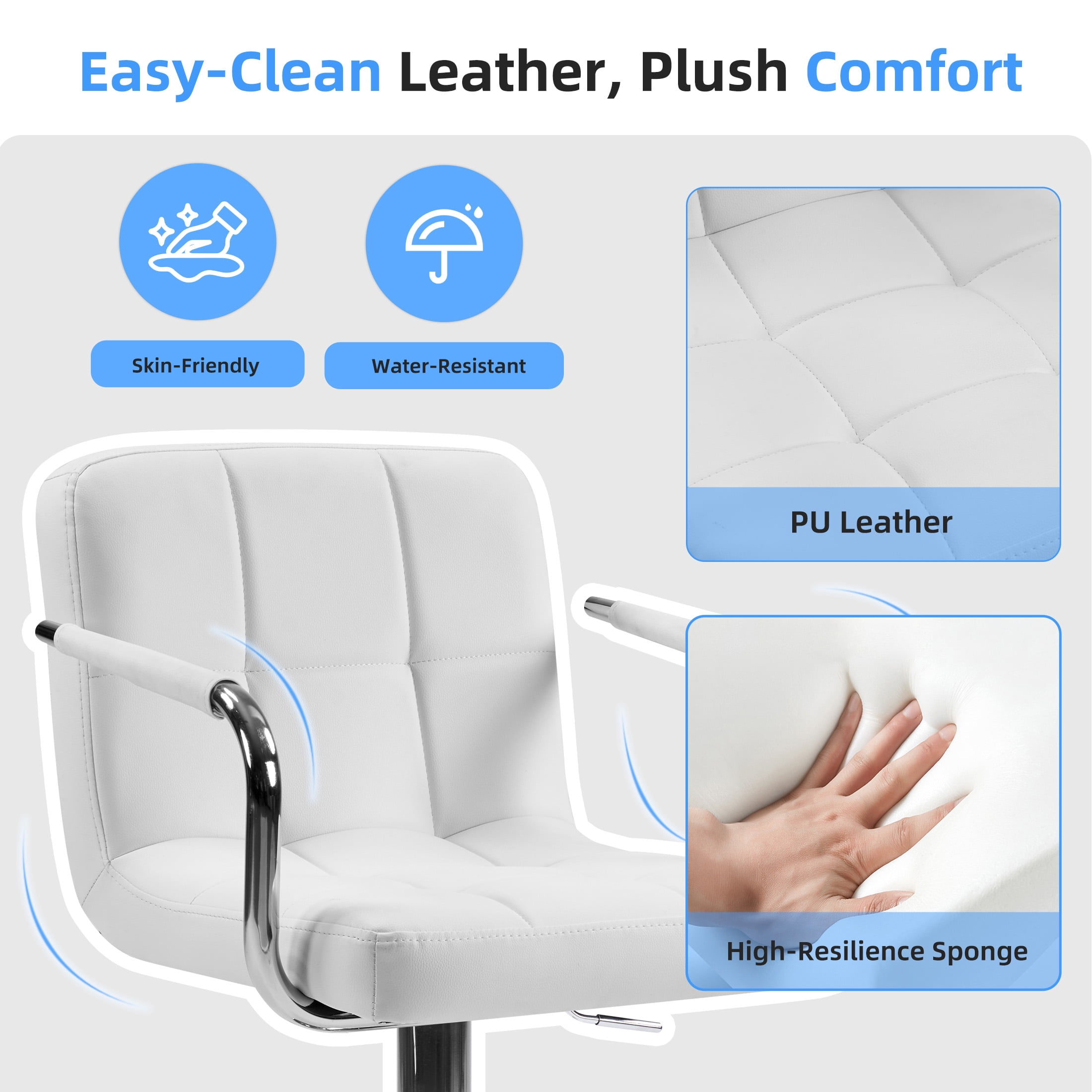 CONCETTA Set Of 2 Swivel Bar Stools With Armrests, Made of Adjustable Pu Leather with Back & Footrest,White