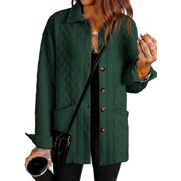 Yokua Casual Quilted Jackets for Women Button Down Collared Long Sleeve Shirts Fall Jackets with Pockets