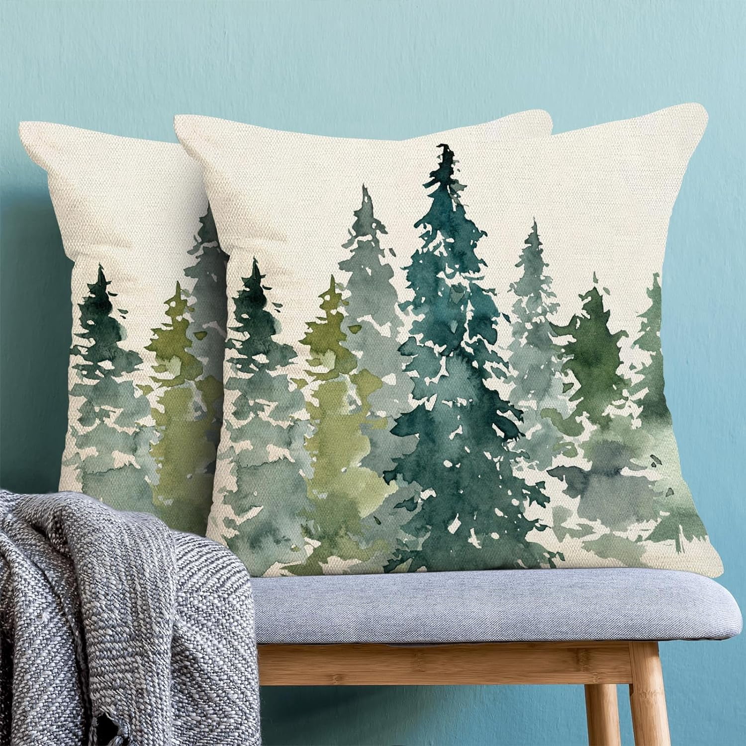 Christmas Pillow Covers 18x18 Set of 2, Green Watercolor Tree Christmas Decor Throw Pillow Covers Linen Farmhouse Winter Nature Themed Rustic Forest Cushion Case for Couch Sofa Home Outdoor