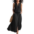 thumbnail image 3 of Womens Linen Look 2 Piece Sets With Sleeveless V Neck Vest And Side Slit Maxi Skirt Featuring Functional Pockets And Solid Color Black L, 3 of 6