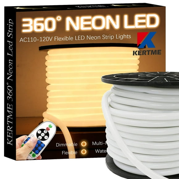 KERTME Bande Lumineuse Néon Led 360° Type CA 110-120V 360 Degrés, Flexible/étanche/à Intensité Réglable/multi-Modes, Corde Lumineuse Led + Télécommande pour Décoration Maison/jardin/bâtiment (16.4 Pieds/5m, Blanc Chaud 3500K)